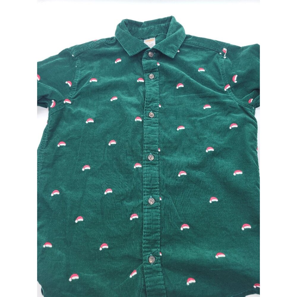 GYMBOREE Boys 4 Santa Hat Corduroy Button Up Dress Shirt Green Holiday Christmas - Picture 7 of 7